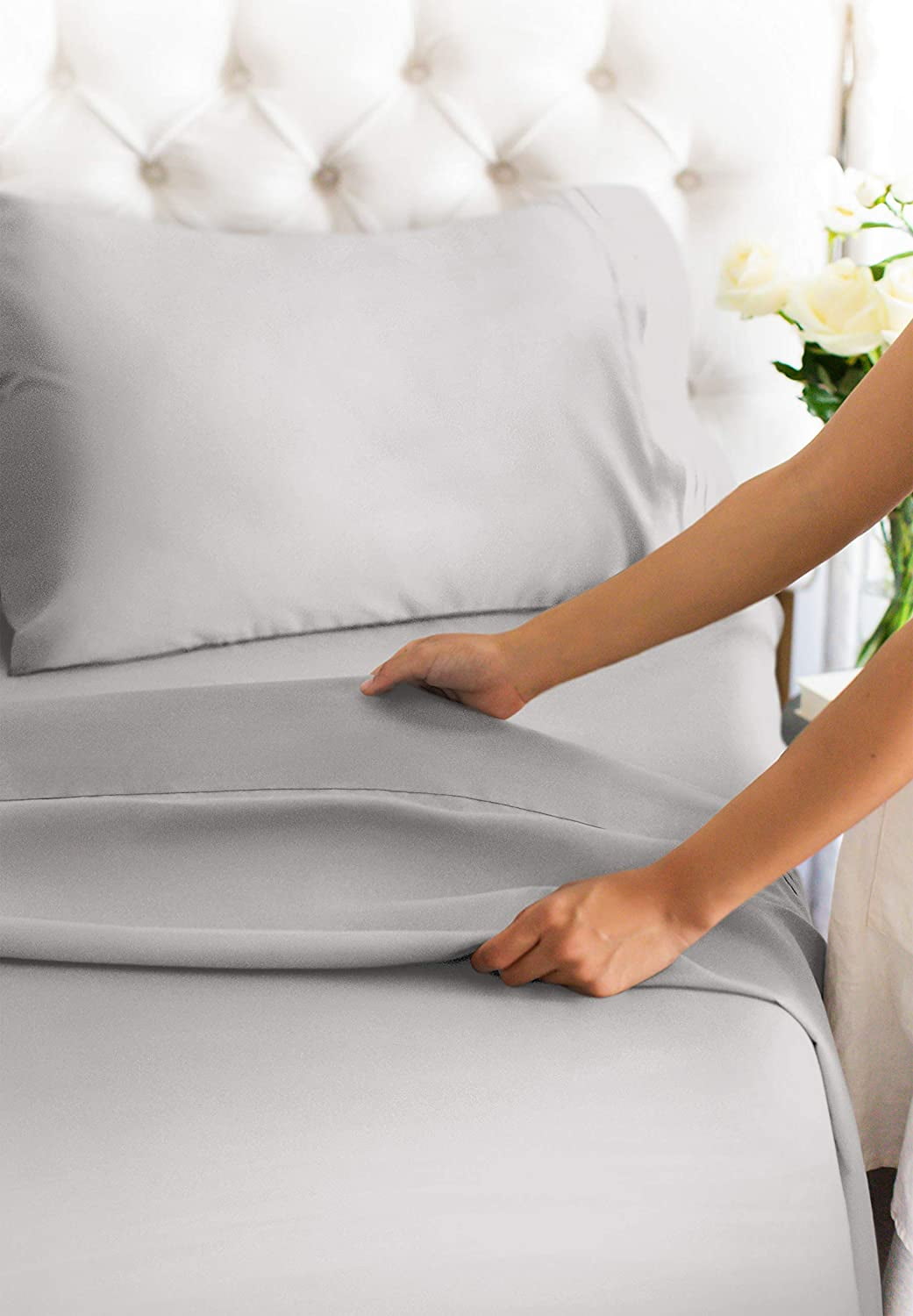 Wrinkle-Resistant 4-Piece 400 Thread Count Cotton Sheet Set - King Size 100% Cotton Sateen Bed Sheets Fits 18"-24" Mattresse... - Breathable Egyptian Cotton Flat & Fitted Sheets Detail