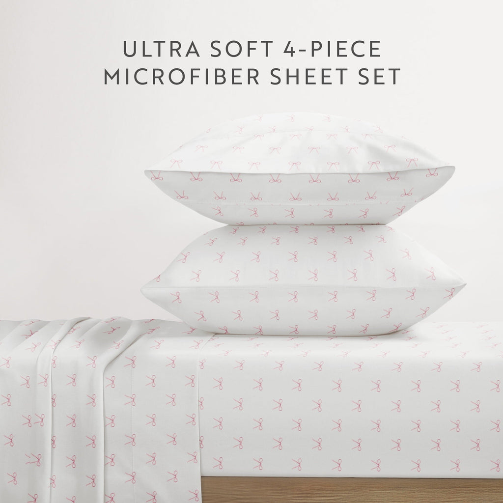 Cooling Sateen 3 Piece Ditsy Pattern Microfiber Bed Sheets, Pink Bows, Twin-XL - Cooling Hotel Quality Bedding Sheets and Pillowcases Detail
