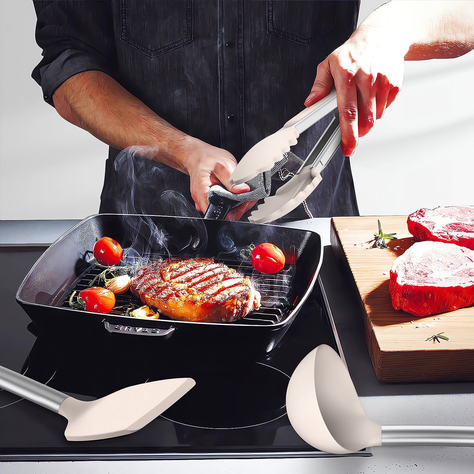 Premium Silicone Silicone Cooking Utensils Set - Heat Resistant Silicone Kitchen Utensils for Cooking, Kitchen Utensil Spatula Set,BPA... - Ergonomic Kitchen Tongs and Cooking Spoon Utensil Detail