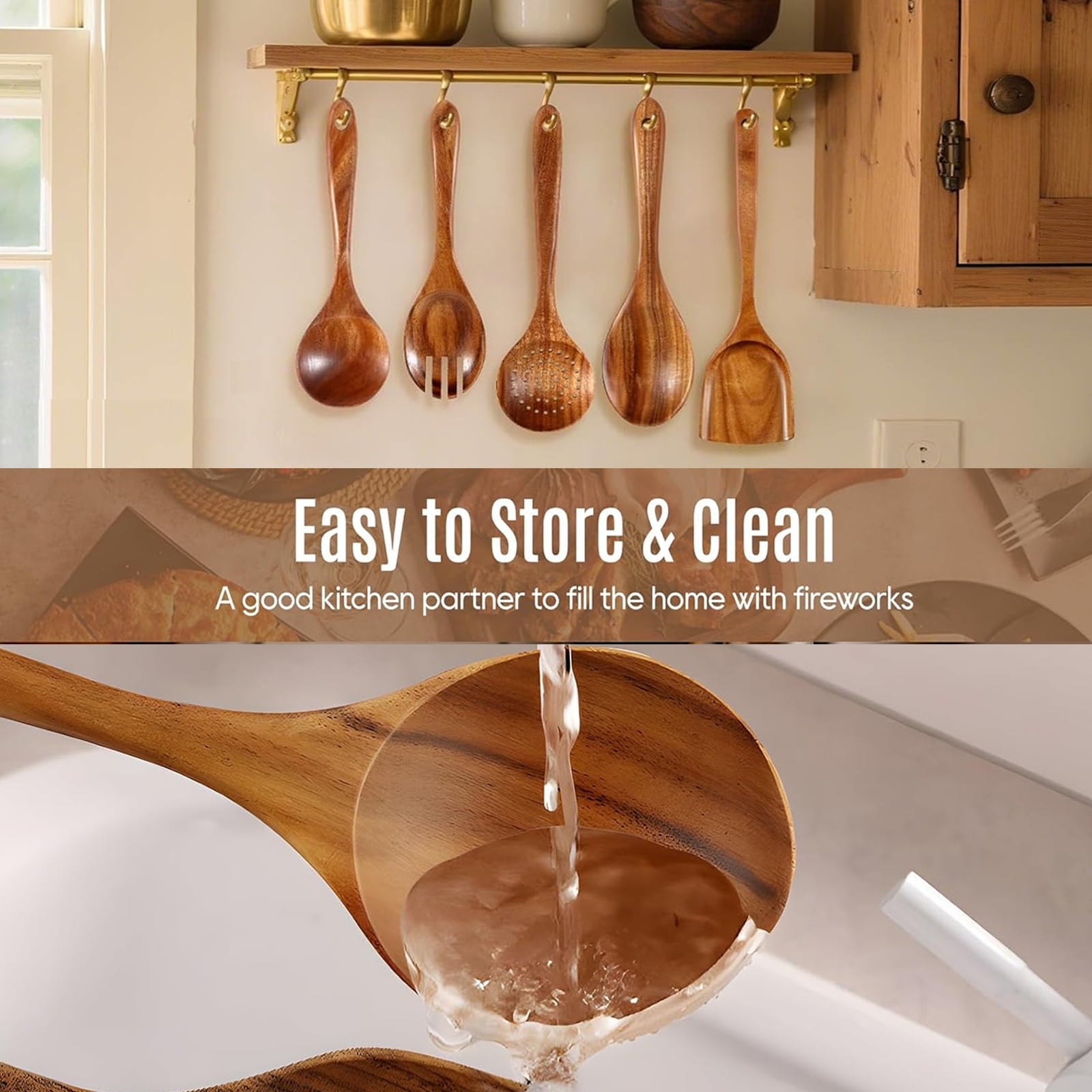 Non-Stick Safe Wooden Spoons for Cooking, 8 Pcs Natural Teak Wooden Utensils Set, Non-Stick & Heat Resistant Durable Wood ... - Premium Stainless Steel Cooking Utensil for Non-Stick Pots Detail