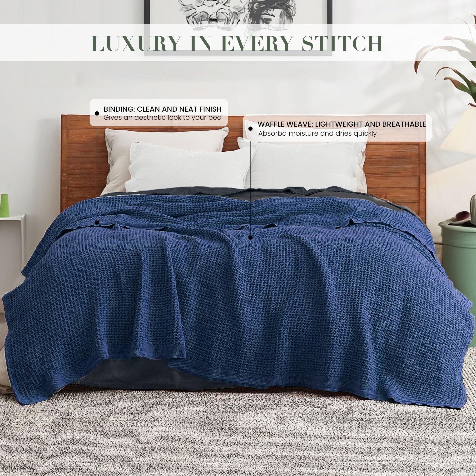 Reversible Sherpa Twin Waffle Throw Blanket for Couch (68" x 92"), 100% Cotton Throw Blankets for Bed, Waffle Blanket for Bed (Navy) - Lightweight Plush Warm Blanket for All Seasons Detail