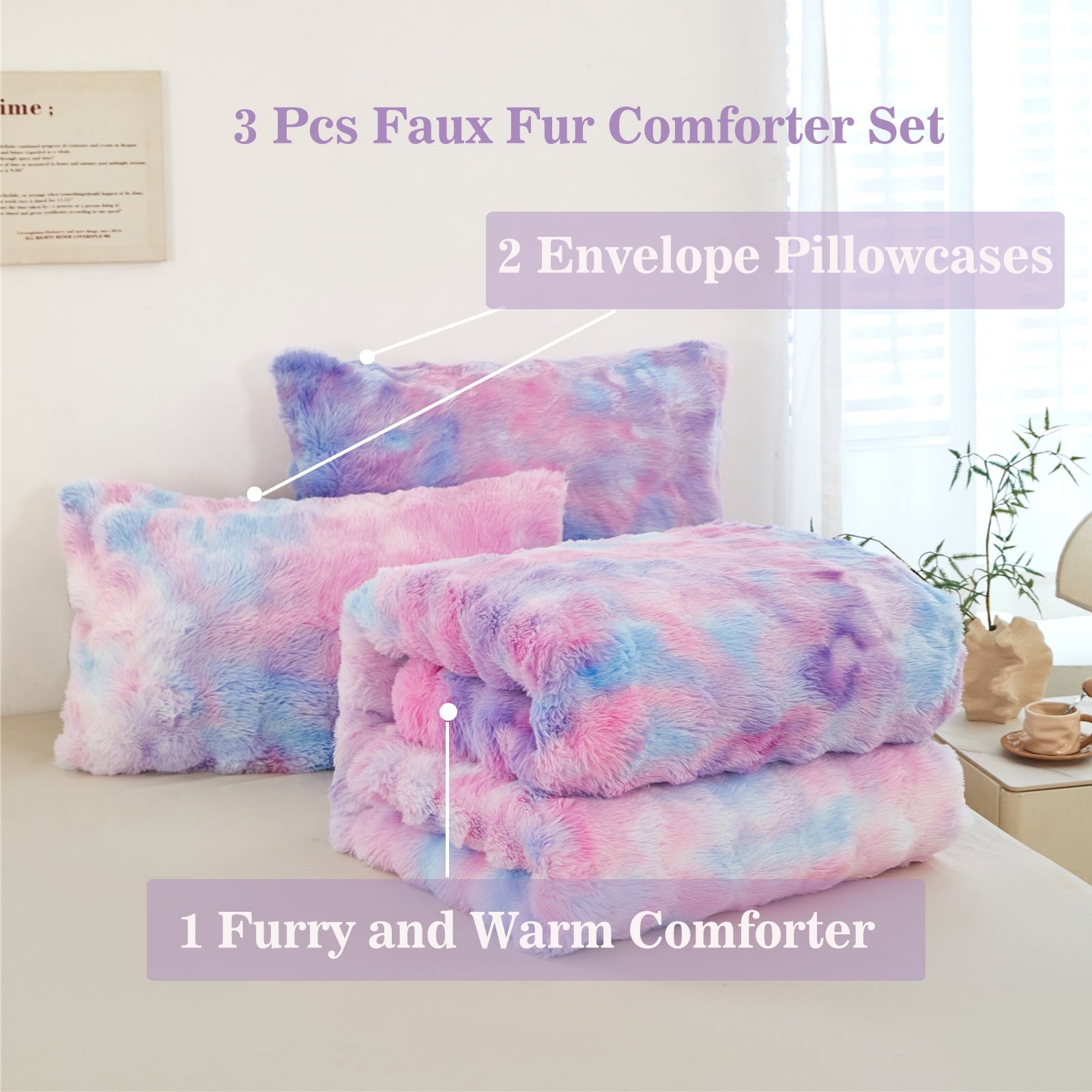 Fluffy Down Alternative Faux Rabbit Fur Comforter Set Twin 3Pcs Girls Blue Purple Bedding Set Tie-Dyeing Soft Bed Comforter Set Warm Fuzzy Ki... - Cloud-Like Soft Lightweight Bed Comforter Detail