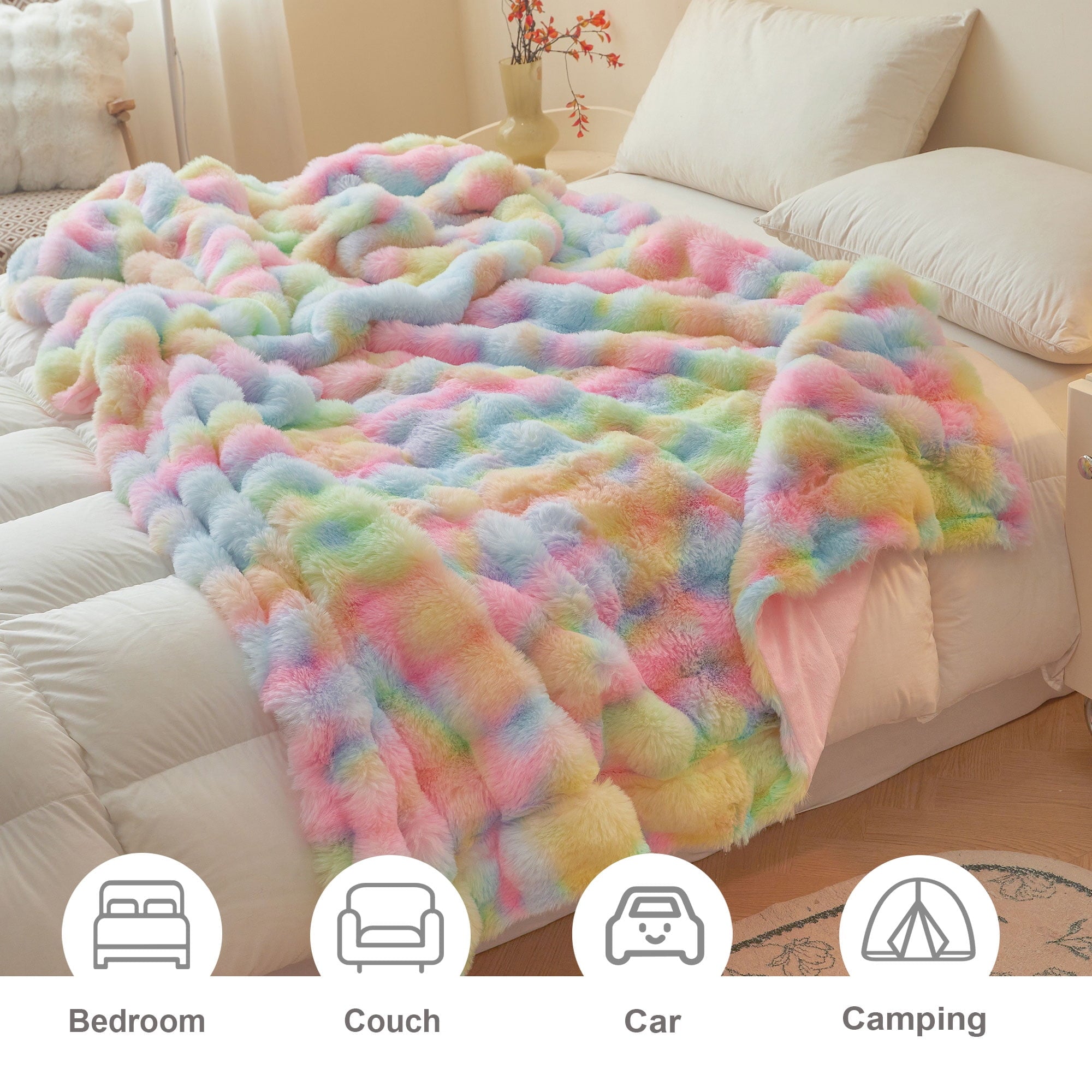 Decorative Knitted Fluffy Faux Rabbit Fur Bubble Throw, Rainbow Plush Shaggy Blanket for Couch Sofa Chair, Soft Tie Dye Furry Blanket Ad... - Luxury Knitted Decorative Throw Blanket with Fringes Detail