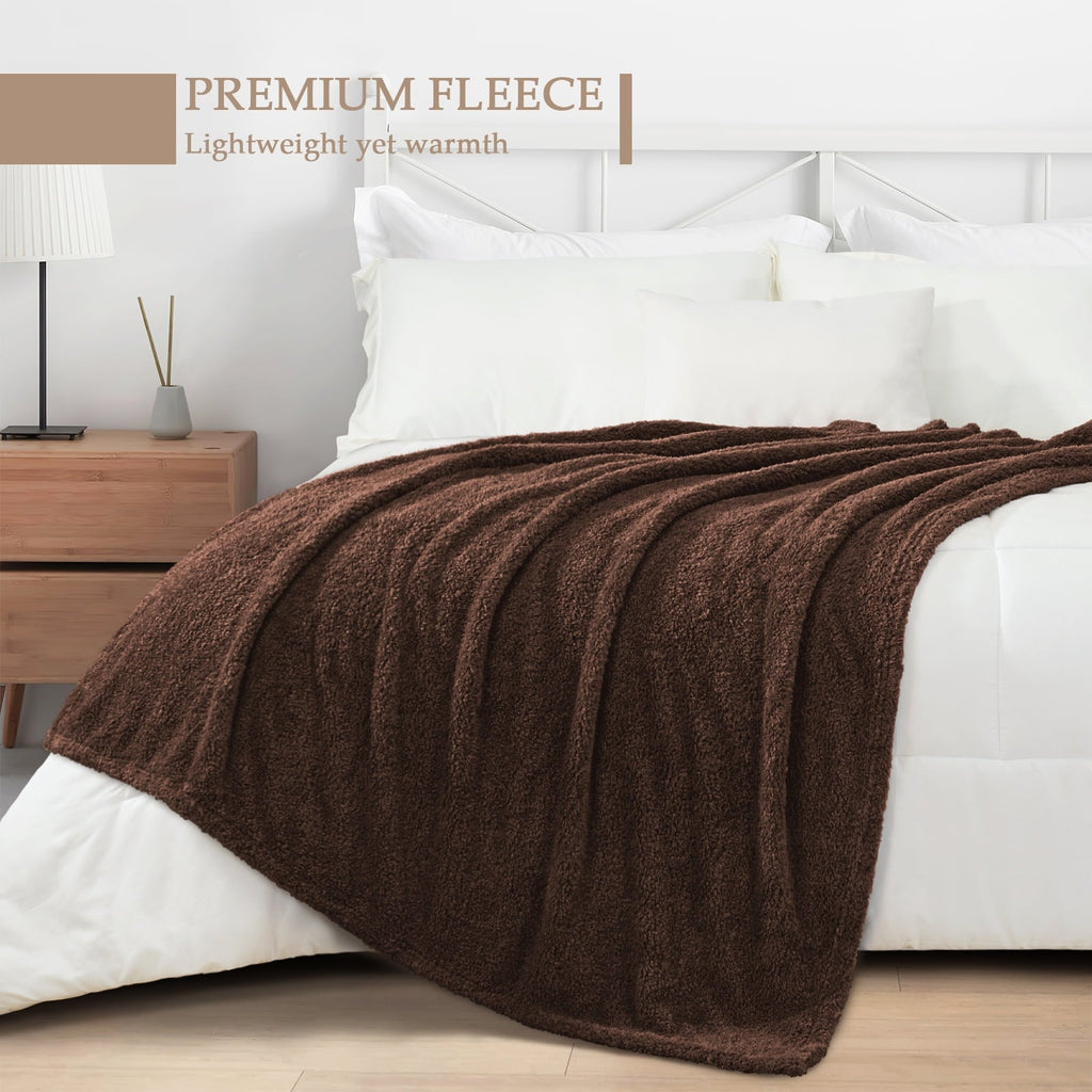 Reversible Sherpa Fuzzy Fleece Throw Blanket for Couch Sofa, Lightweight Fluffy Solid Velvet Blanket, 50x60 Inches, Coffee - Luxury Knitted Decorative Throw Blanket with Fringes Detail