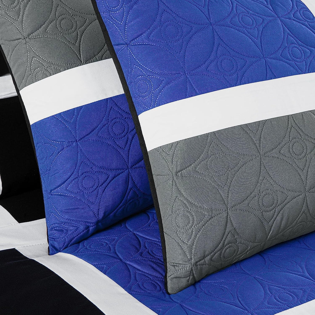 All-Season Bernard 7-Piece Full Bed in a Bag Comforter Set with Sheets, Lightweight Comforter Blue Black Gray Patchwork Quilted ... - Luxurious Quilted Duvet Cover Set Detail