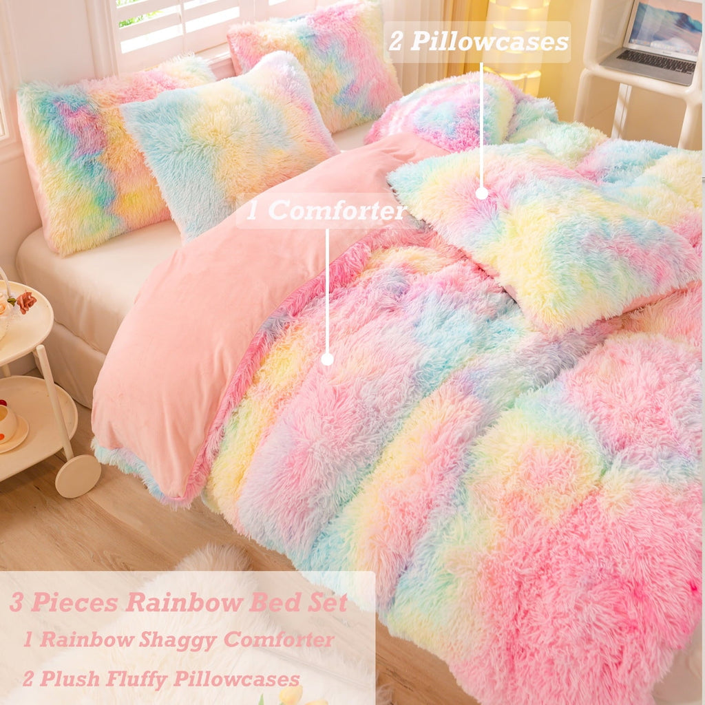Hypoallergenic Cloud 3Pcs Pink Faux Fur Twin Comforter Set for Girls Tie Dye Rainbow Kid Bed Set Plush Shaggy Bedding Sets Fuzzy Bed Comfo... - Luxurious Quilted Duvet Cover Set Detail
