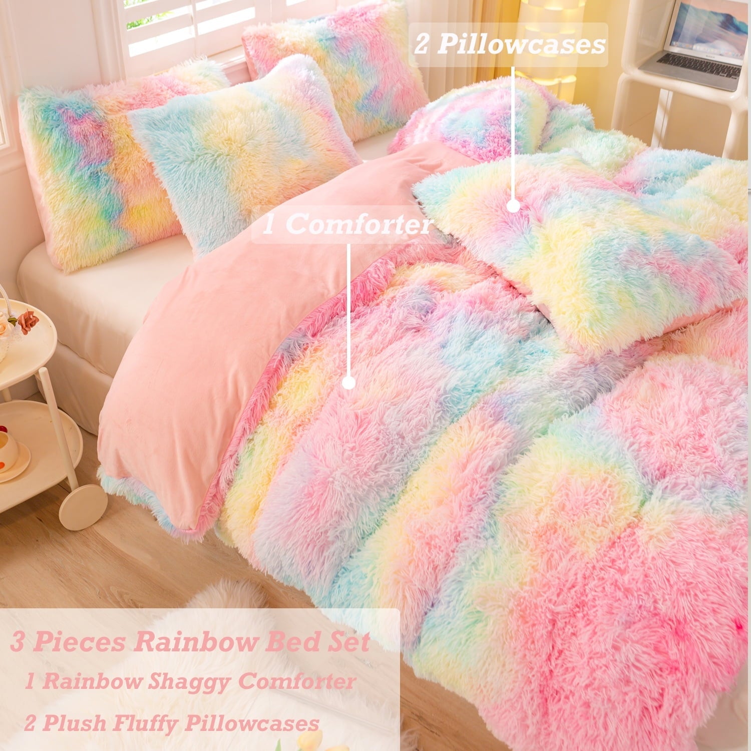 Hypoallergenic Cloud 3Pcs Pink Faux Fur Twin Comforter Set for Girls Tie Dye Rainbow Kid Bed Set Plush Shaggy Bedding Sets Fuzzy Bed Comfo... - Luxurious Quilted Duvet Cover Set Detail