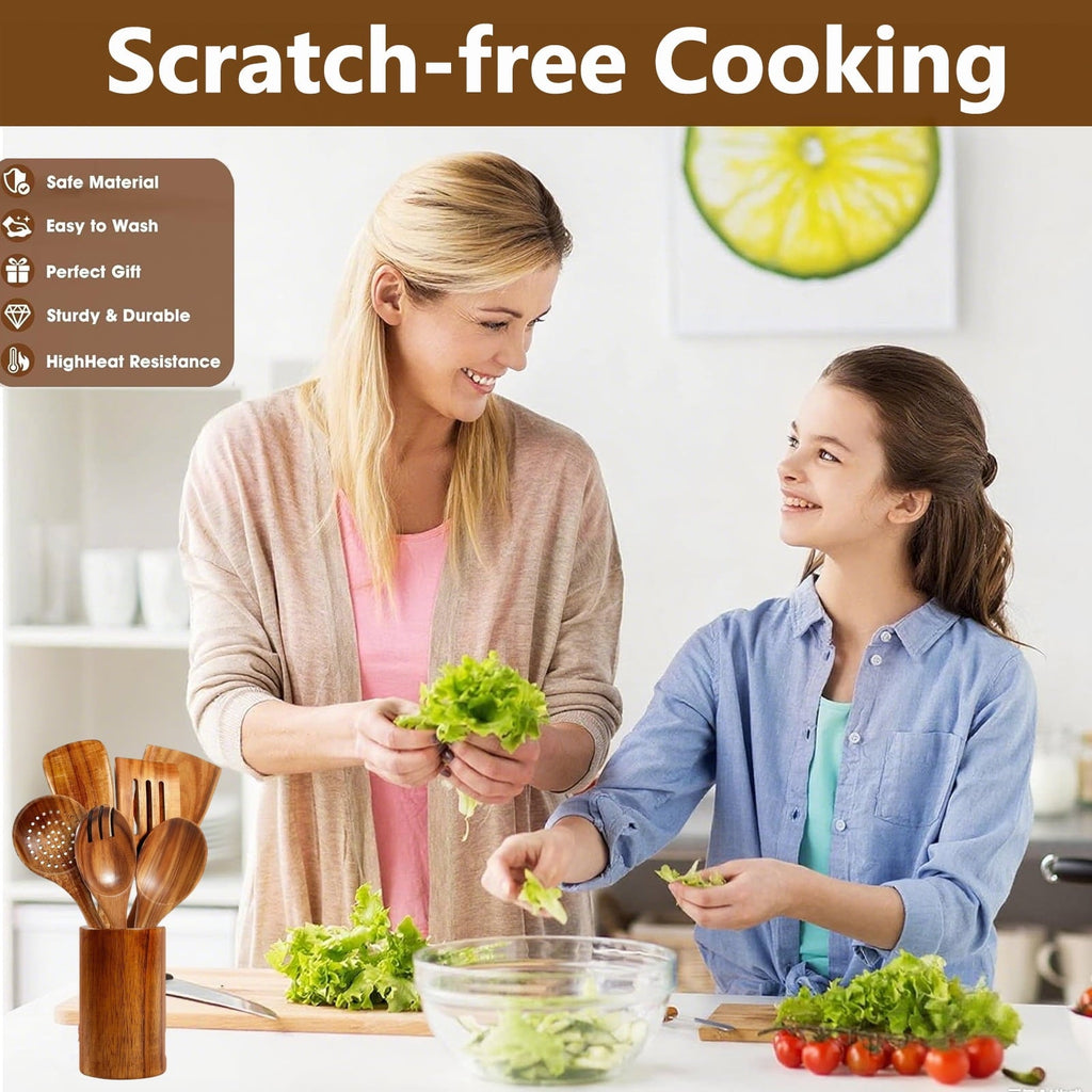 Non-Stick Safe Wooden Spoons for Cooking, 8 Pcs Natural Teak Wooden Utensils Set, Non-Stick & Heat Resistant Durable Wood ... - Premium Stainless Steel Cooking Utensil for Non-Stick Pots Detail