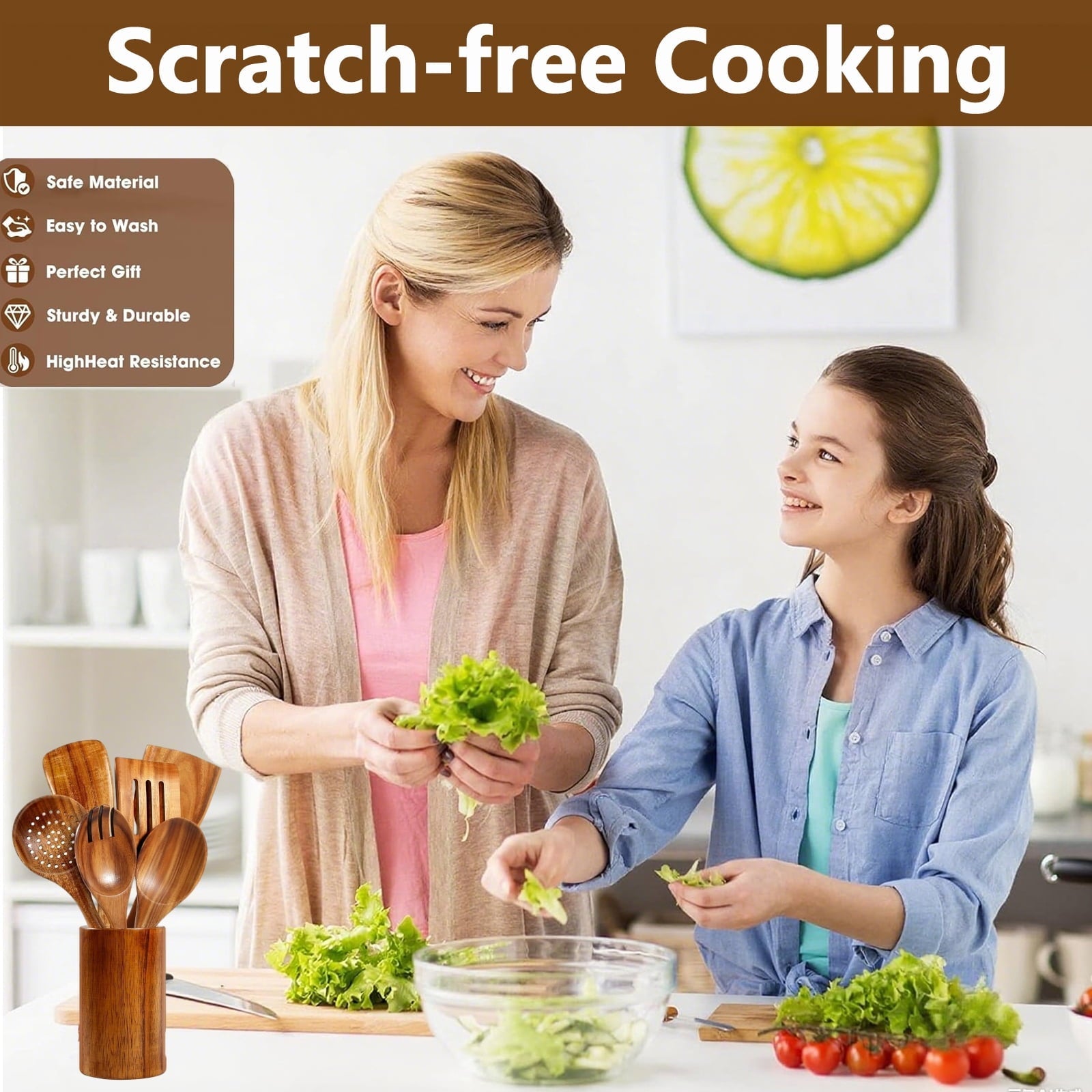 Non-Stick Safe Wooden Spoons for Cooking, 8 Pcs Natural Teak Wooden Utensils Set, Non-Stick & Heat Resistant Durable Wood ... - Premium Stainless Steel Cooking Utensil for Non-Stick Pots Detail