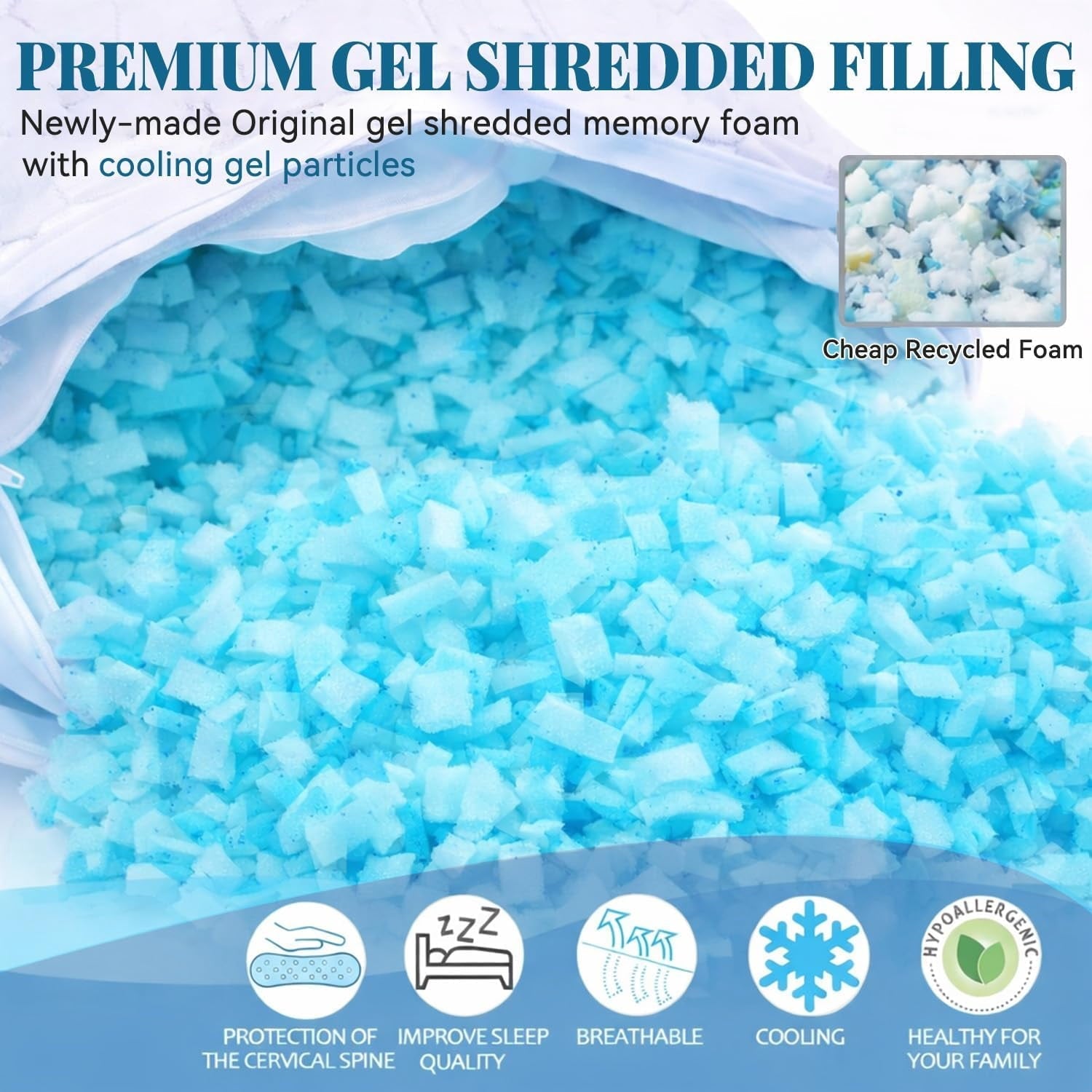 Orthopedic Support Shredded Memory Foam Pillows for Sleeping, Bed Pillows Queen Size Set of 2 Pack Adjustable for Side and Back Sleeper ... - Orthopedic Shredded Foam Bed Pillow Set Detail