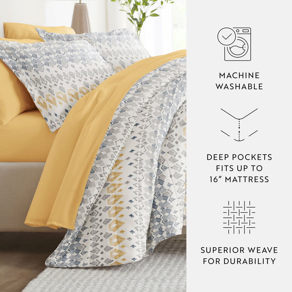 All-Season 7 Piece Bedding Bundle, Microfiber Patterned Comforter and Sheet Set, Queen - Luxurious Quilted Duvet Cover Set Detail