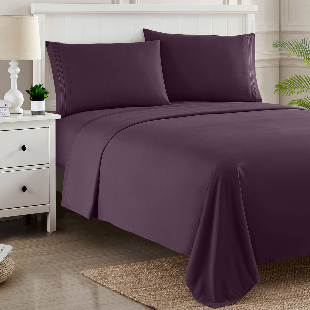 Wrinkle-Resistant 1800 Series Bed Sheets - Extra Soft Microfiber Deep Pocket Sheet Set - Purple, Full - Breathable Egyptian Cotton Flat & Fitted Sheets Detail