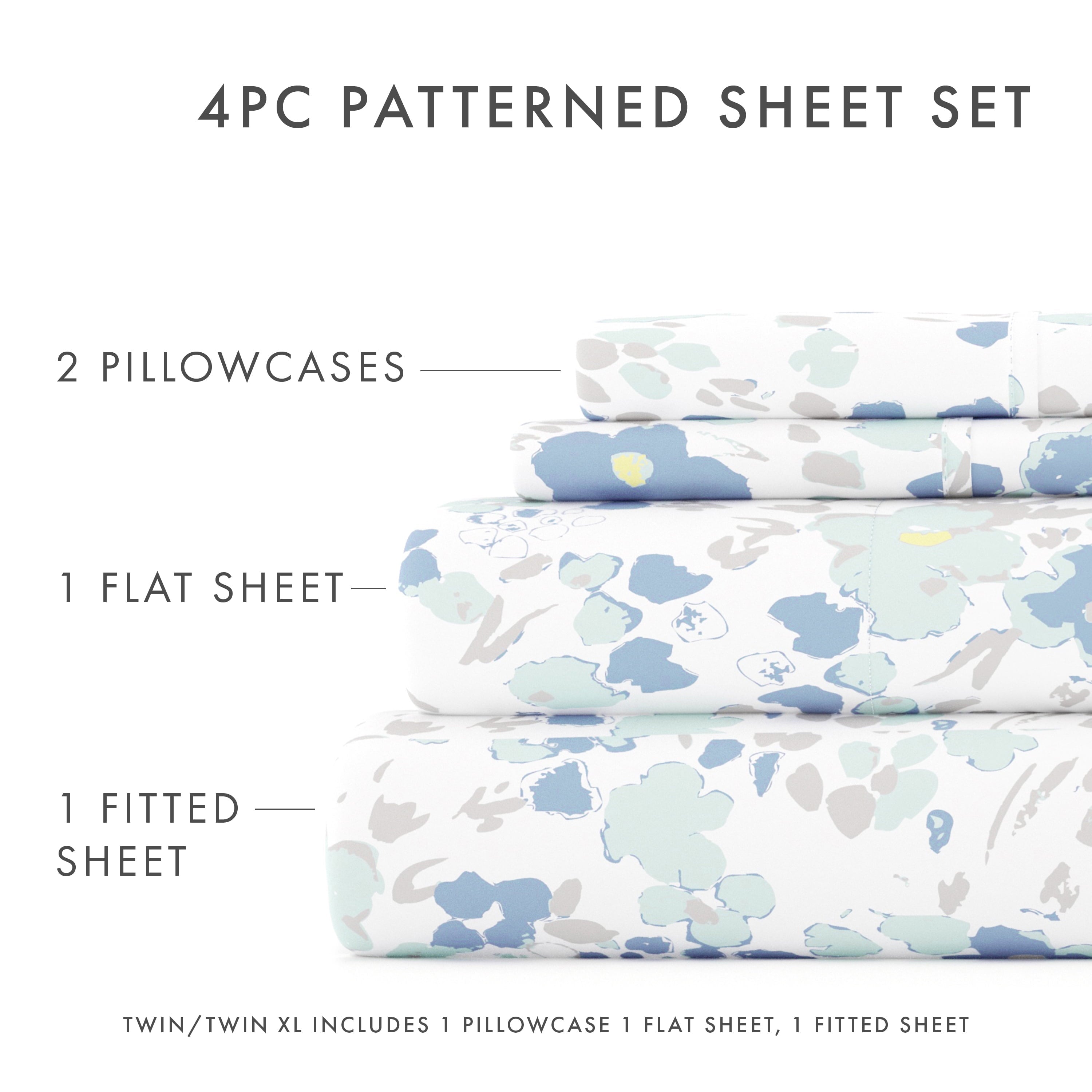 Ultra-Soft 4 Piece Pattern Microfiber Bed Sheets Set, Light Blue Violets, Full - Luxury Bed Sheet Set with Deep Pockets Detail