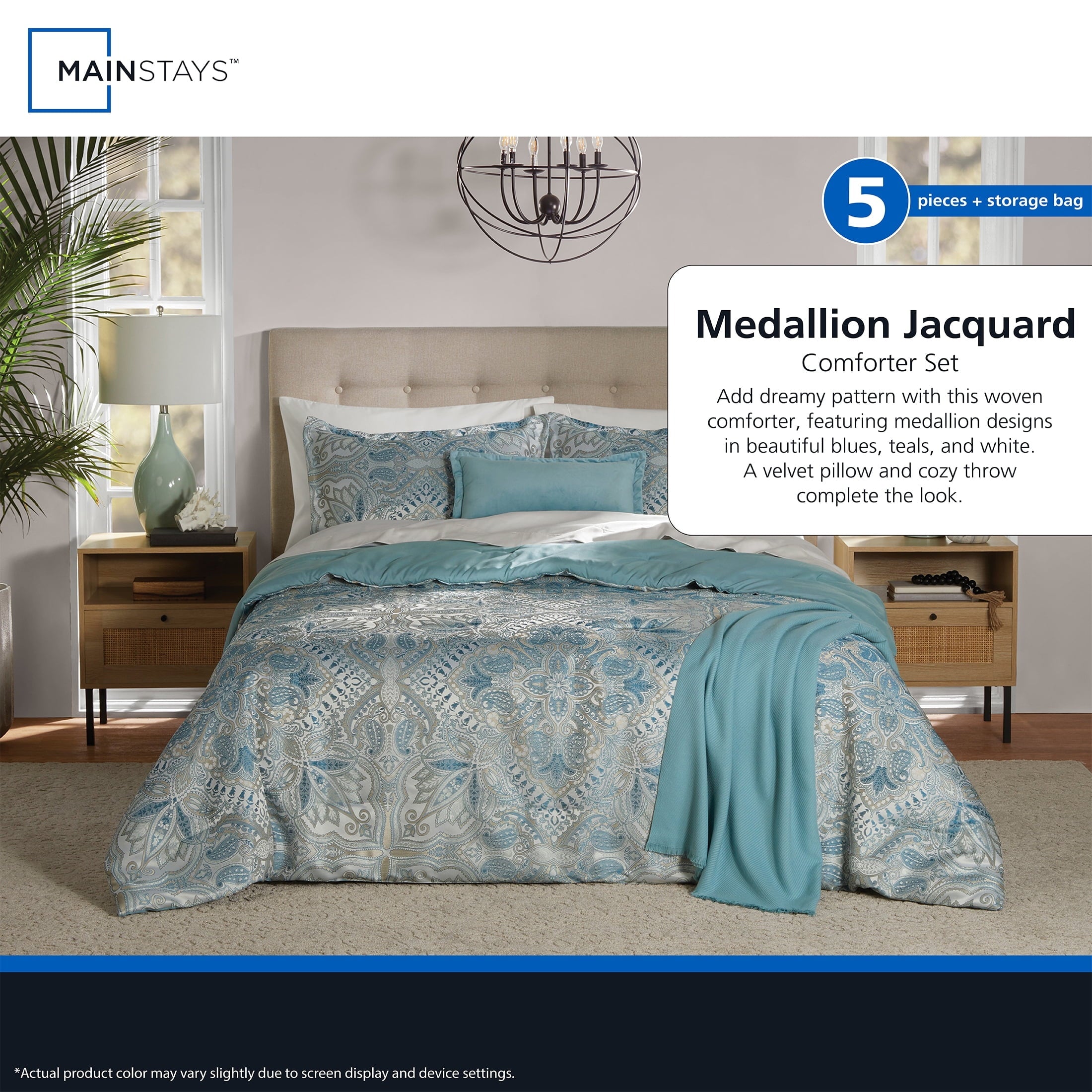 Heavyweight Warmth Full/Queen Comforter Set, All-Season, 5-Piece, Teal Jacquard Medallion - Cloud-Like Soft Lightweight Bed Comforter Detail
