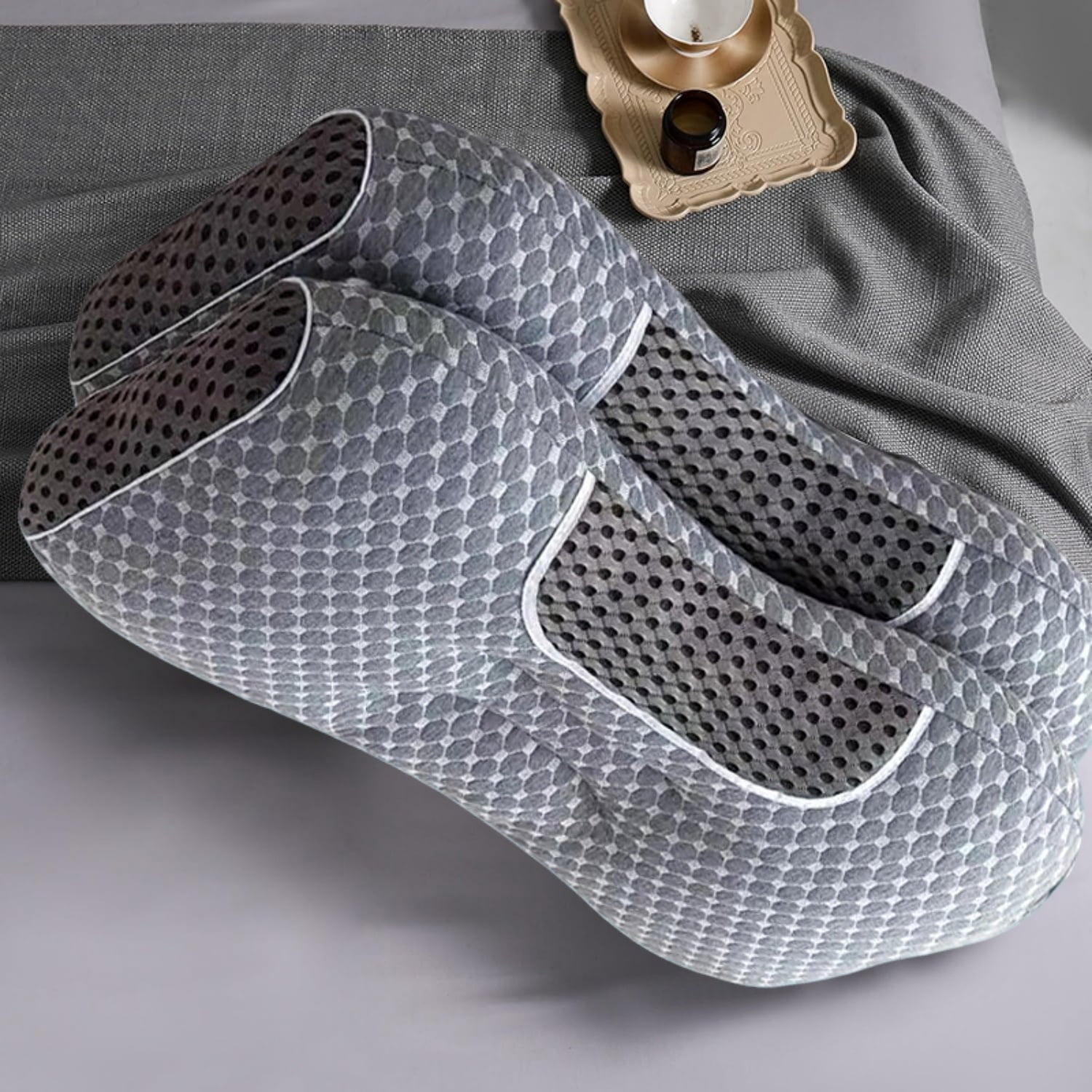 Fluffy Shredded 2-Piece Set - 24"x15" Gray Bed for Back, Side, Stomach Sleepers - Ergonomic Memory Foam Pillow for Neck Pain Support Detail
