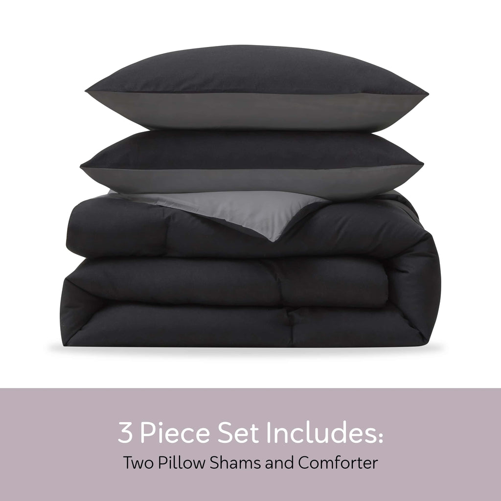 Heavyweight Warmth Comforter Sets, All Season Lightweight Reversible Queen Comforter Set, 3-Pc Bedding Sets, Black/Charcoal gray - Cloud-Like Soft Lightweight Bed Comforter Detail