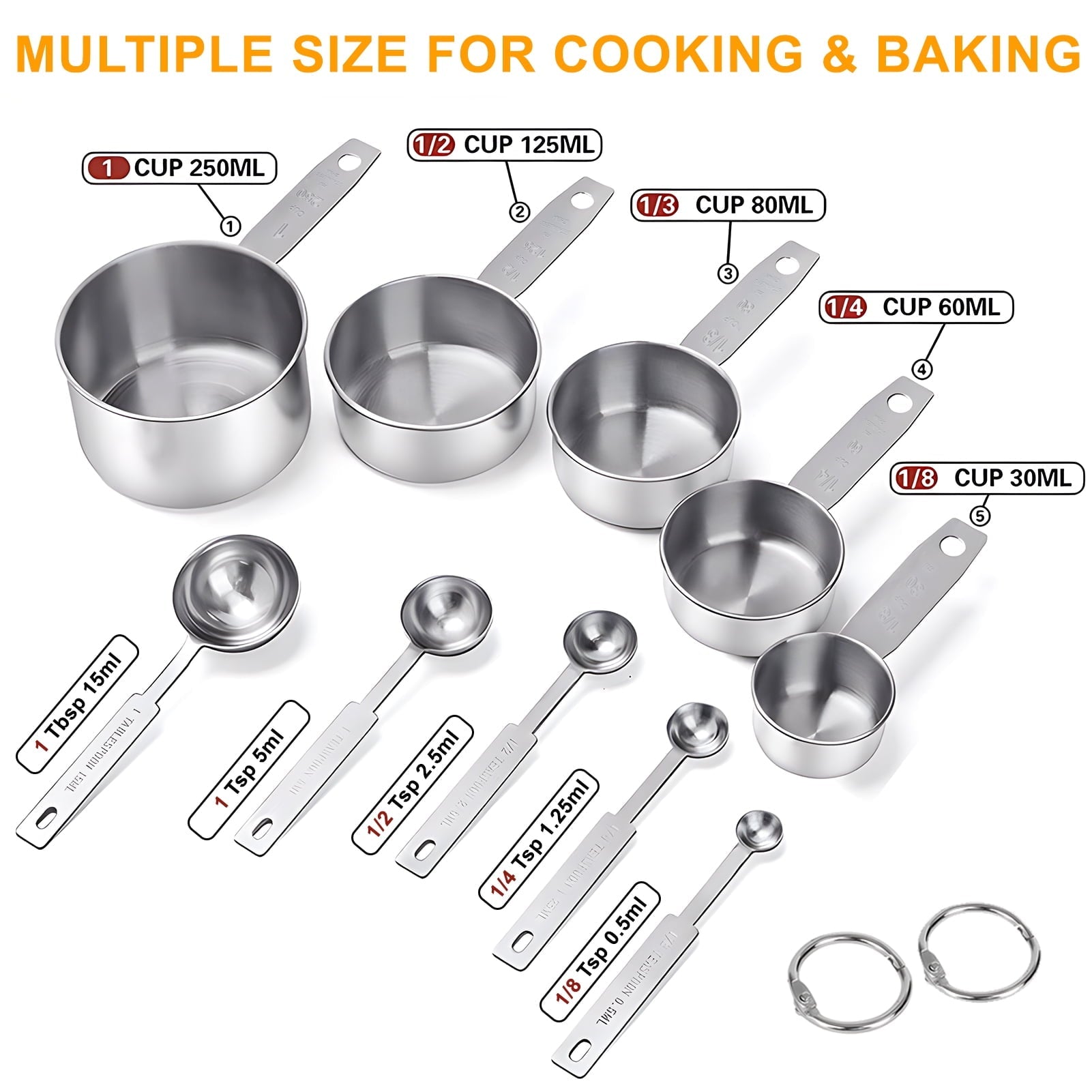 Premium Silicone Measuring Cups and Spoons Set of 10, 5 Stainless Steel Cups and 5 Spoons for Kitchen Cooking Baking - Premium Stainless Steel Cooking Utensil for Non-Stick Pots Detail