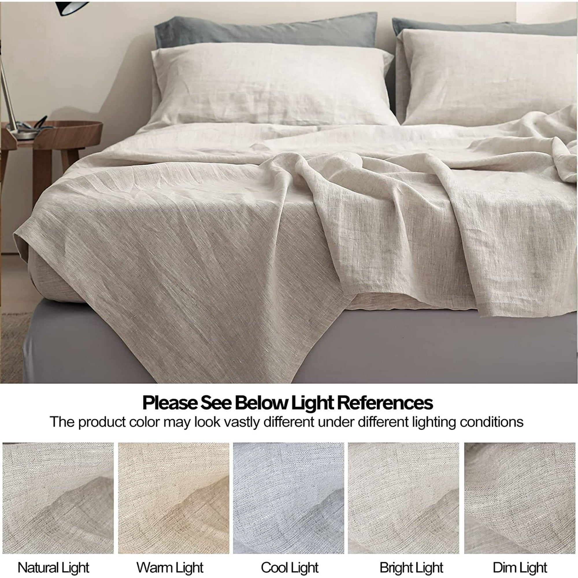 Cooling Sateen 100% Linen Sheet Set Solid Color-4 Pcs Washed French Linen Bed Sheets(1 Flat Sheet,1 Fitted Sheet,2 Pillowcases)-Brea... - Premium Ultra-Soft Pillowcase Pair for Sleeping Detail