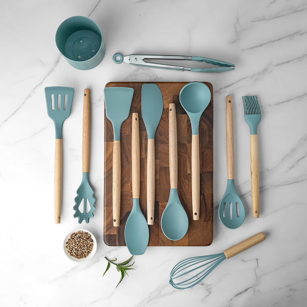 Seamless One-Piece Small Silicone Cooking Utensils with Holder Set (12Pack), Aqua Kitchen Tools with Wooden Handle for Nonstick... - Ergonomic Kitchen Tongs and Cooking Spoon Utensil Detail