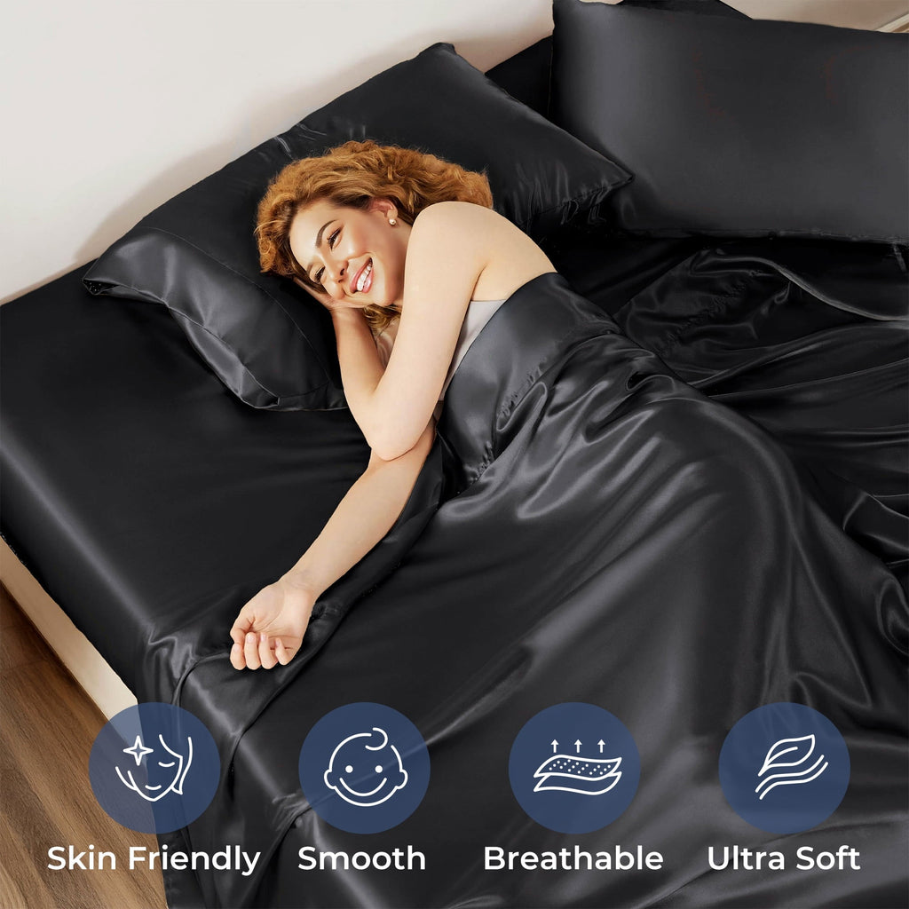 Breathable Luxury Set, Queen, Silky Bed s, 4 Pieces,Black - Breathable Egyptian Cotton Flat & Fitted Sheets Detail