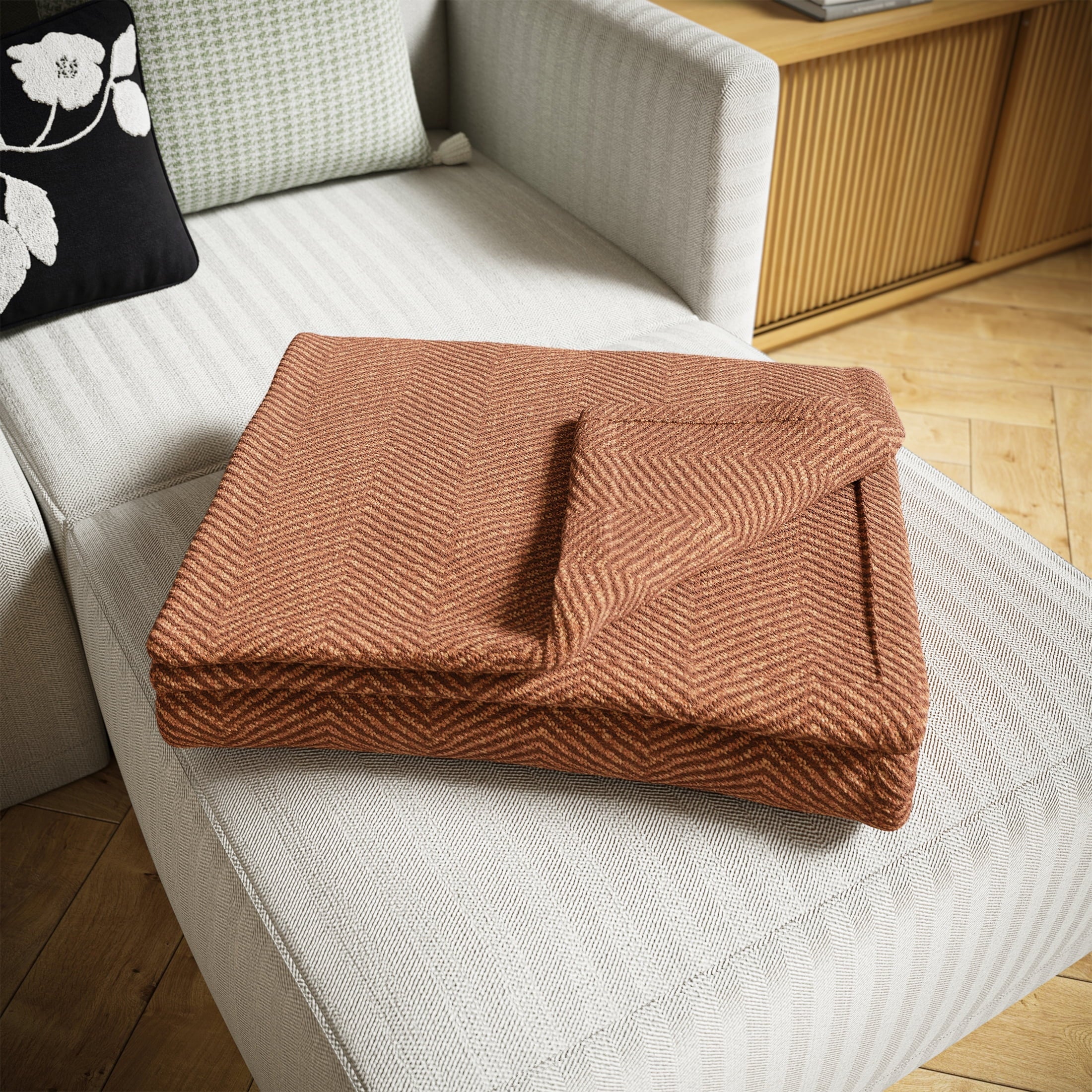 Lightweight Warm Beautiful Rust Woven Herringbone Throw , 50" x 60" - Luxury Knitted Decorative Throw Blanket with Fringes Detail