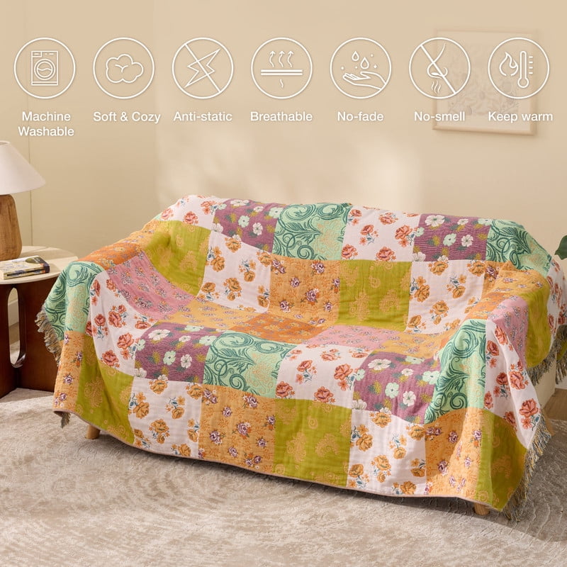Super Soft Flannel 100% Cotton Boho Blankets for Home Decor – Colorful Patchwork Reversible Farmhouse Quilt Bedding, Vintage Woven Decor... - Super Soft Reversible Sherpa Flannel Blanket Detail