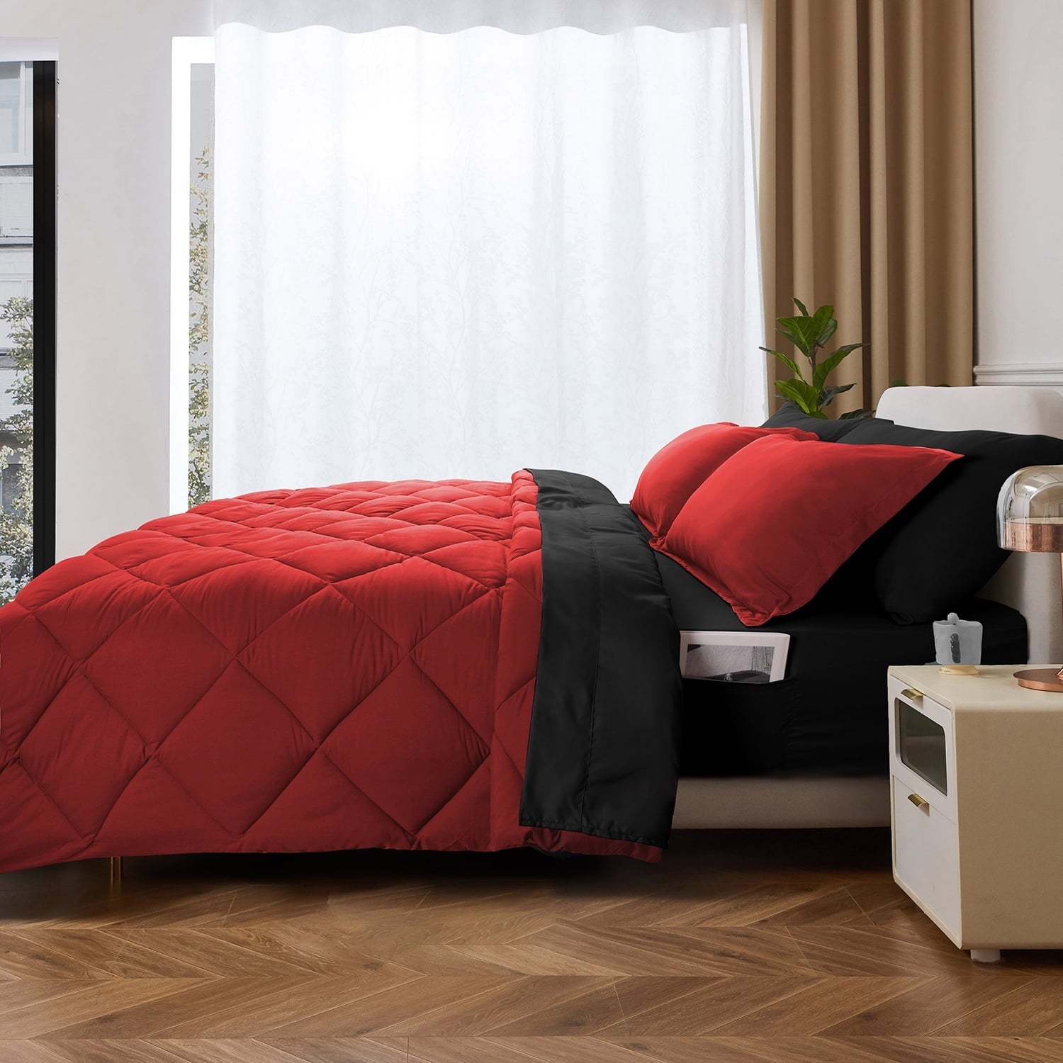 Fluffy Down Alternative 7 Piece Reversible Queen Comforter Set - Red Quilted Down Alternative Bedding All Season Super Soft Microfiber Bed in... - Luxurious Quilted Duvet Cover Set - Default Title