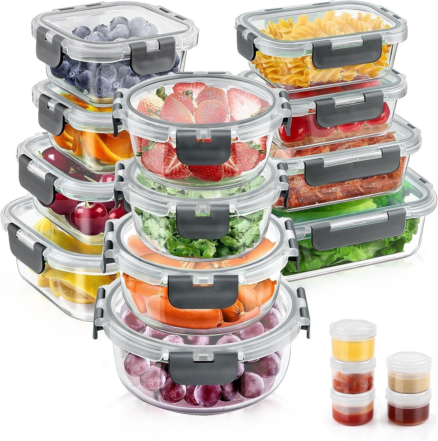 Sweet Treat Shaped 34pcs Glass Food Storage Containers with Lids Set, Airtight Meal Prep Containers (17 Containers & 17 Lids), Grey - Fun Food Fidget Cookie Squishable Toy - Default Title