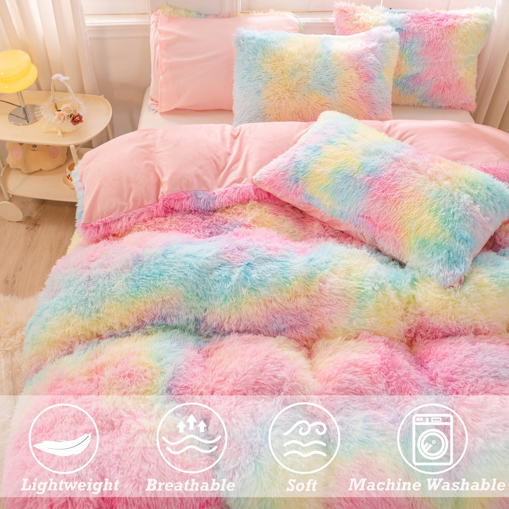 Hypoallergenic Cloud 3Pcs Pink Faux Fur Twin Comforter Set for Girls Tie Dye Rainbow Kid Bed Set Plush Shaggy Bedding Sets Fuzzy Bed Comfo... - Luxurious Quilted Duvet Cover Set Detail