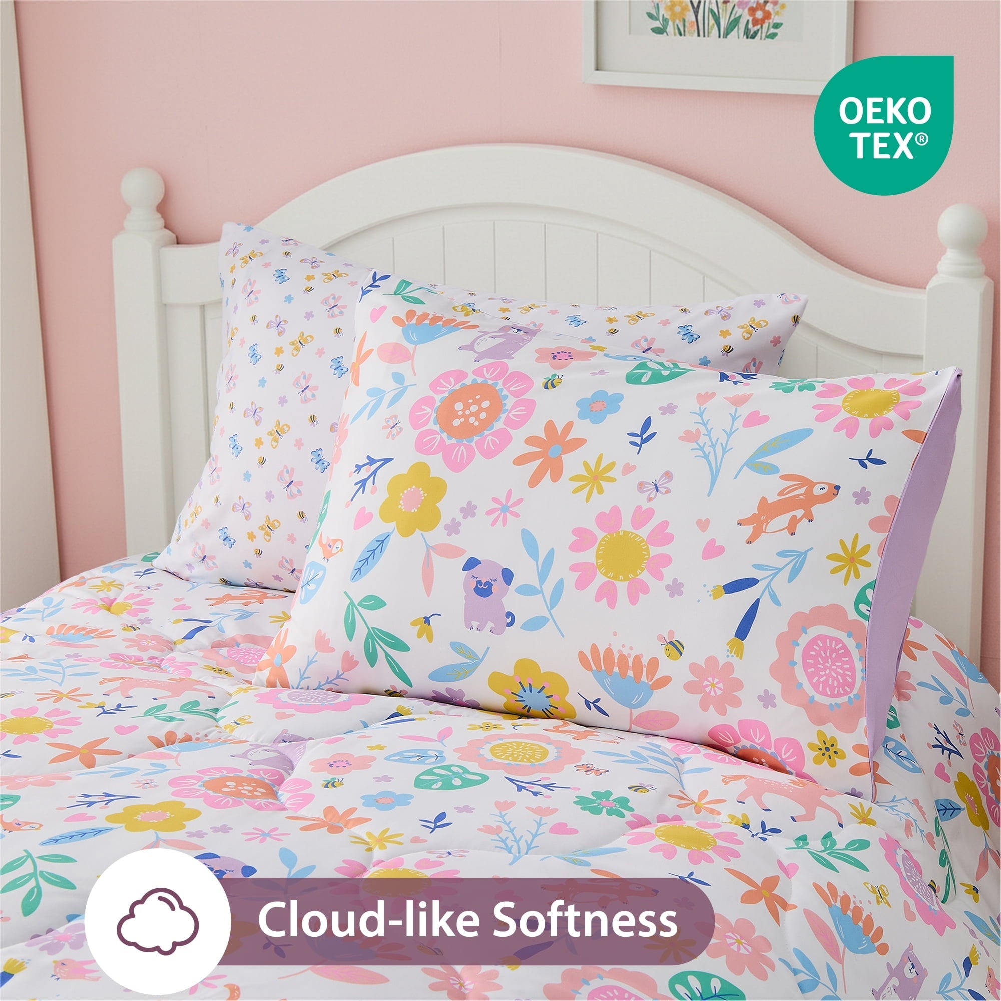 Fluffy Down Alternative Floral Comforter Set, Soft Microfiber Flower Bedding Set, 5 Pieces with Comforter, Sheets and Pillowcases, Twin - Cloud-Like Soft Lightweight Bed Comforter Detail