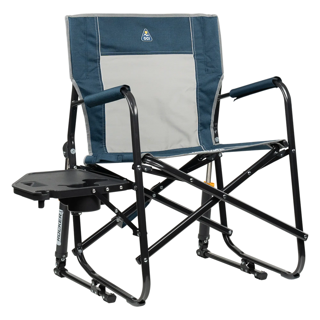 Smooth Motion Freestyle Rocker with Side Table - Choice 853 - Patented Spring-Action Rocking Chair for Camping - Heathered Indigo