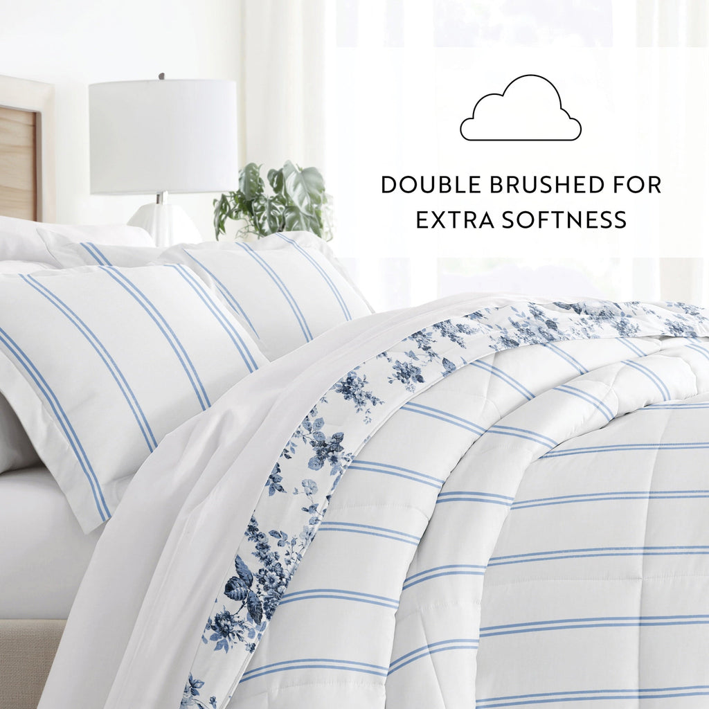 Luxurious Quilted Down Alternative Cabbage Rose Stripe Stone Reversible Comforter Set - Hypoallergenic Ultra-Fluffy Quilt for Winter Detail