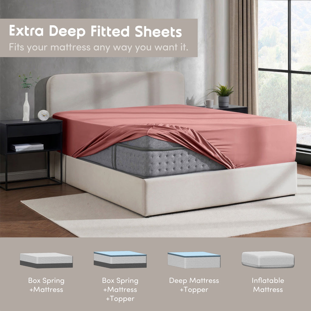 Cooling Sateen Extra Deep Pocket Twin XL Fitted Sheet Only, Fits 18" to 24" Mattress, Soft Microfiber Fitted Bed Sheet, Pink Clay - Breathable Egyptian Cotton Flat & Fitted Sheets Detail