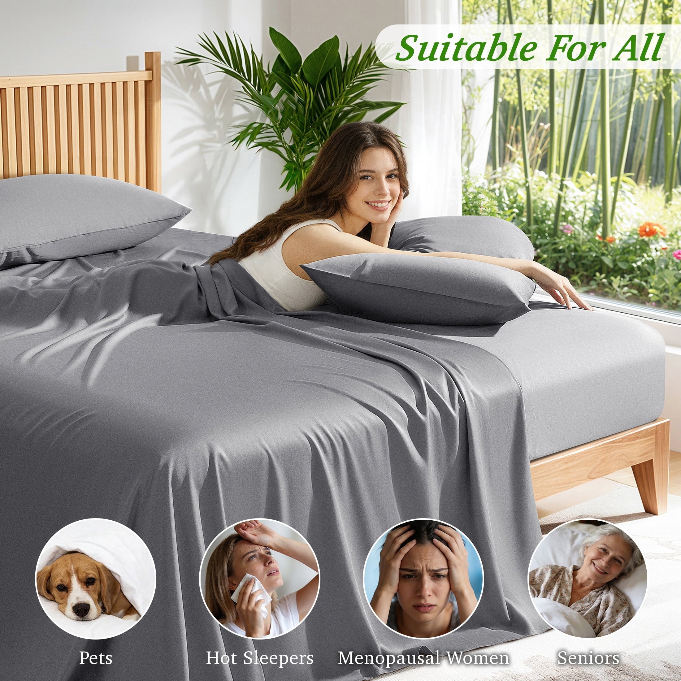 Ultra-Soft Bamboo Queen Sheet Set, Luxury Soft 4 Pieces Bed Sheets with 18" Deep Pocket, Gray - Breathable Egyptian Cotton Flat & Fitted Sheets Detail
