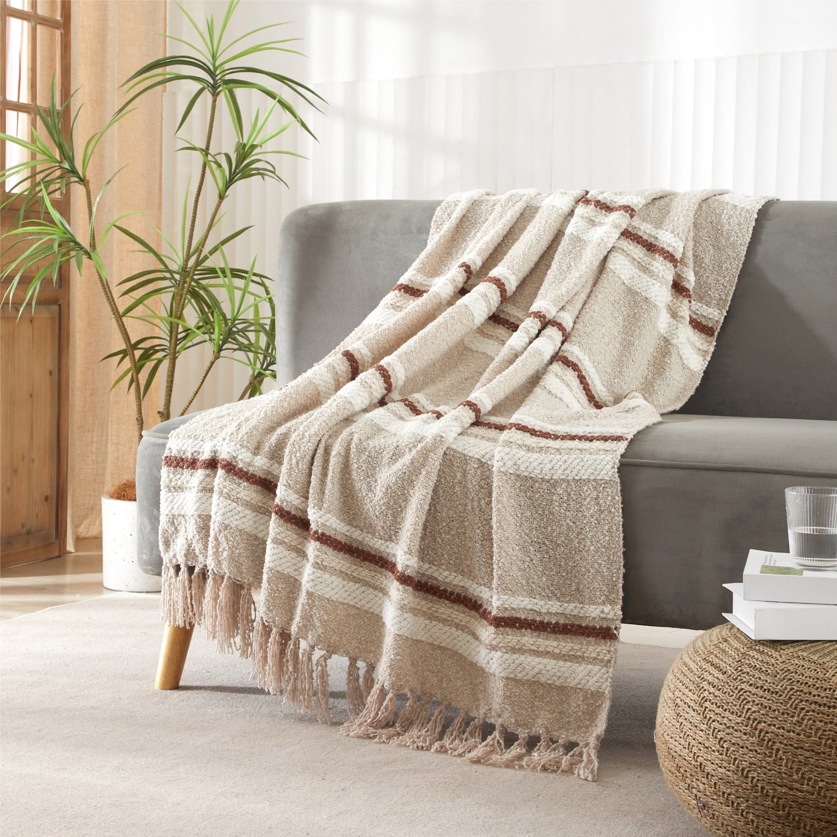 Cozy Fleece 60" x 50" Cozy Striped Porcini Chenille Throw - Luxury Knitted Decorative Throw Blanket with Fringes Detail