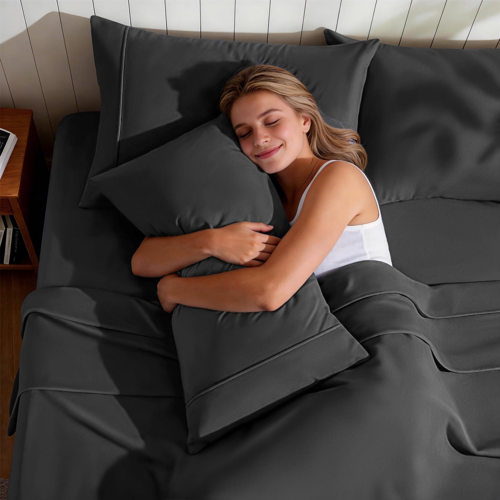 Breathable Luxury Sheets,Soft Hotel Luxury Polyester Washed Cotton,4 Piece Sheets Set,with 14" Deep Pocket,Dark Gray - Premium Ultra-Soft Pillowcase Pair for Sleeping Detail