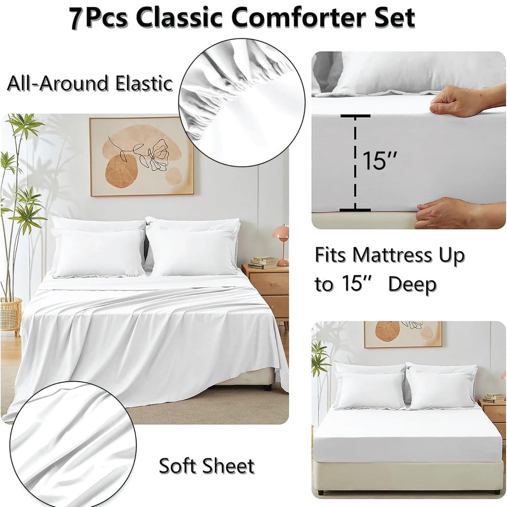 Luxurious Quilted Comforter Set 7-Piece Bed in a Bag - Adult, White, Queen - Hypoallergenic Ultra-Fluffy Quilt for Winter Detail