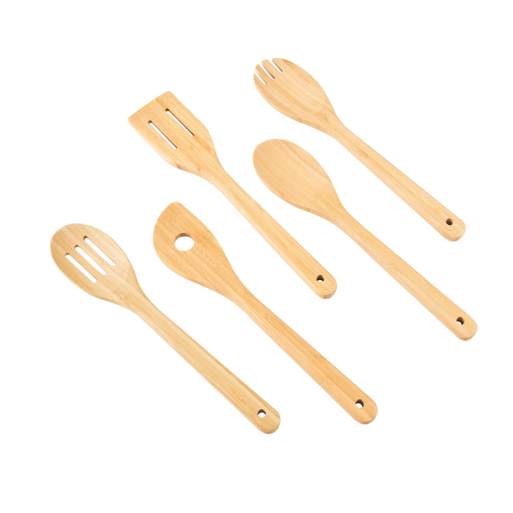 Seamless One-Piece 5pk Bamboo Spoons for Cooking, Kitchen Essential Tools Set - Durable Turner & Ladle Utensil Set for Home Chefs Detail