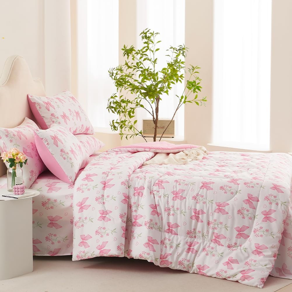 Fluffy Down Alternative Pink Bowknot Girls Comforter Set Twin Size, 3 Pieces Bows Princess Style Bedding Set for Girls for All Season - Hypoallergenic Ultra-Fluffy Quilt for Winter Detail