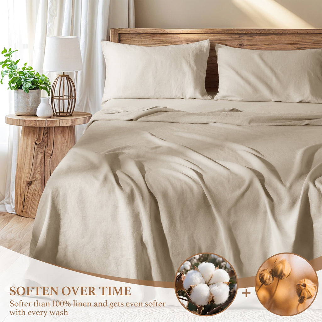 Breathable Luxury Natural Linen Cotton Bed Sheets Set, Deep Pocket - Breathable - Durable - 4 Pieces (Linen, Queen) - Breathable Egyptian Cotton Flat & Fitted Sheets Detail