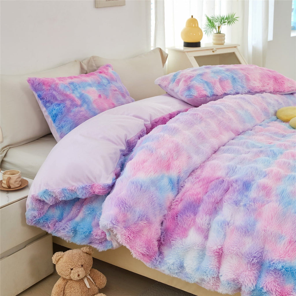 Fluffy Down Alternative Faux Rabbit Fur Comforter Set Twin 3Pcs Girls Blue Purple Bedding Set Tie-Dyeing Soft Bed Comforter Set Warm Fuzzy Ki... - Cloud-Like Soft Lightweight Bed Comforter Detail