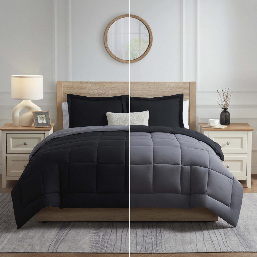 Fluffy Down Alternative Queen Comforter Set, 3 Piece Bed in a Bag, Reversible Down Alternative Bedding Set, Black & Gray - Luxurious Quilted Duvet Cover Set Detail