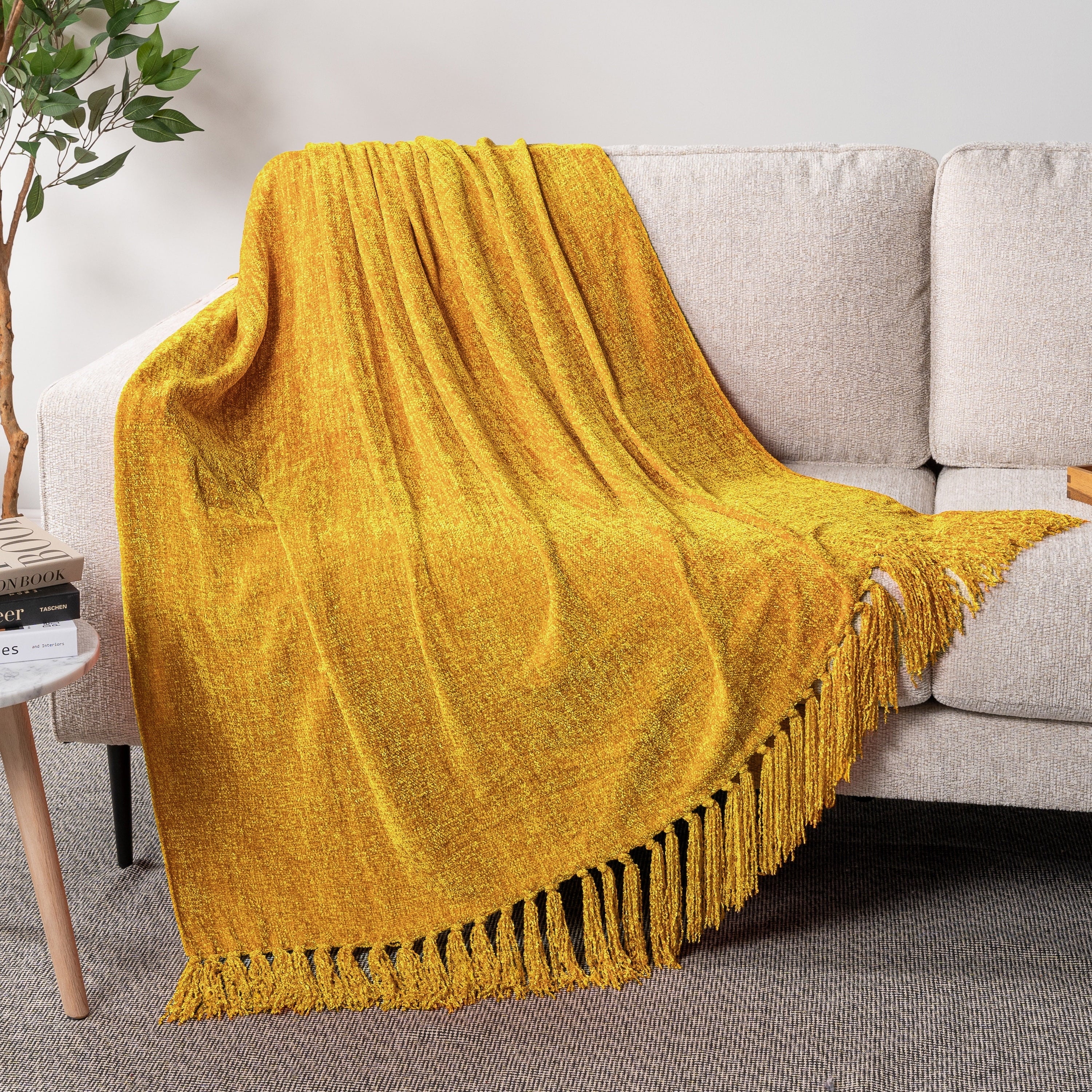 Reversible Sherpa Mustard Yellow Chenille Throw Blanket for Couch, Soft Gold Knit Blanket with Tassel Fringe, Woven Chenille Knitted De... - Cozy Fleece Throw Blanket for Couch & Bed Detail