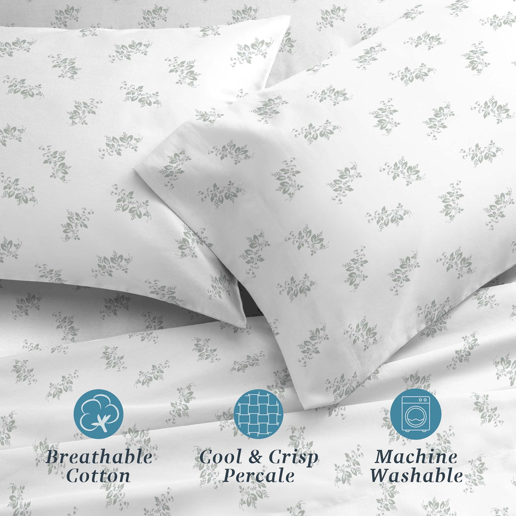 Premium Egyptian Cotton 100% Cotton Percale 4-Piece Queen Size Deep Pocket Printed Bed Sheets Set, 1 Fitted, 1 Flat Sheet with 2 Pillowcases,... - Breathable Egyptian Cotton Flat & Fitted Sheets Detail