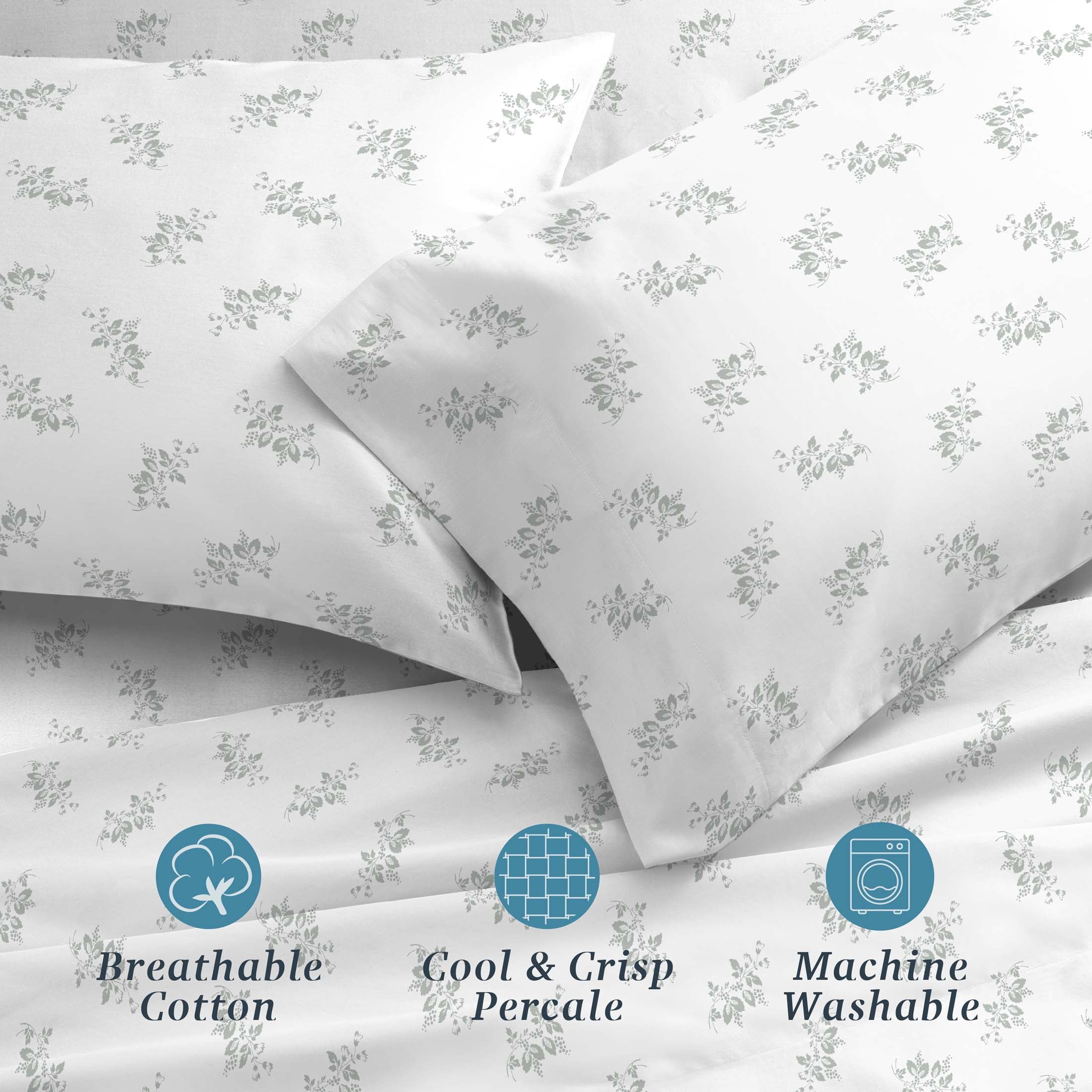 Premium Egyptian Cotton 100% Cotton Percale 4-Piece Queen Size Deep Pocket Printed Bed Sheets Set, 1 Fitted, 1 Flat Sheet with 2 Pillowcases,... - Breathable Egyptian Cotton Flat & Fitted Sheets Detail