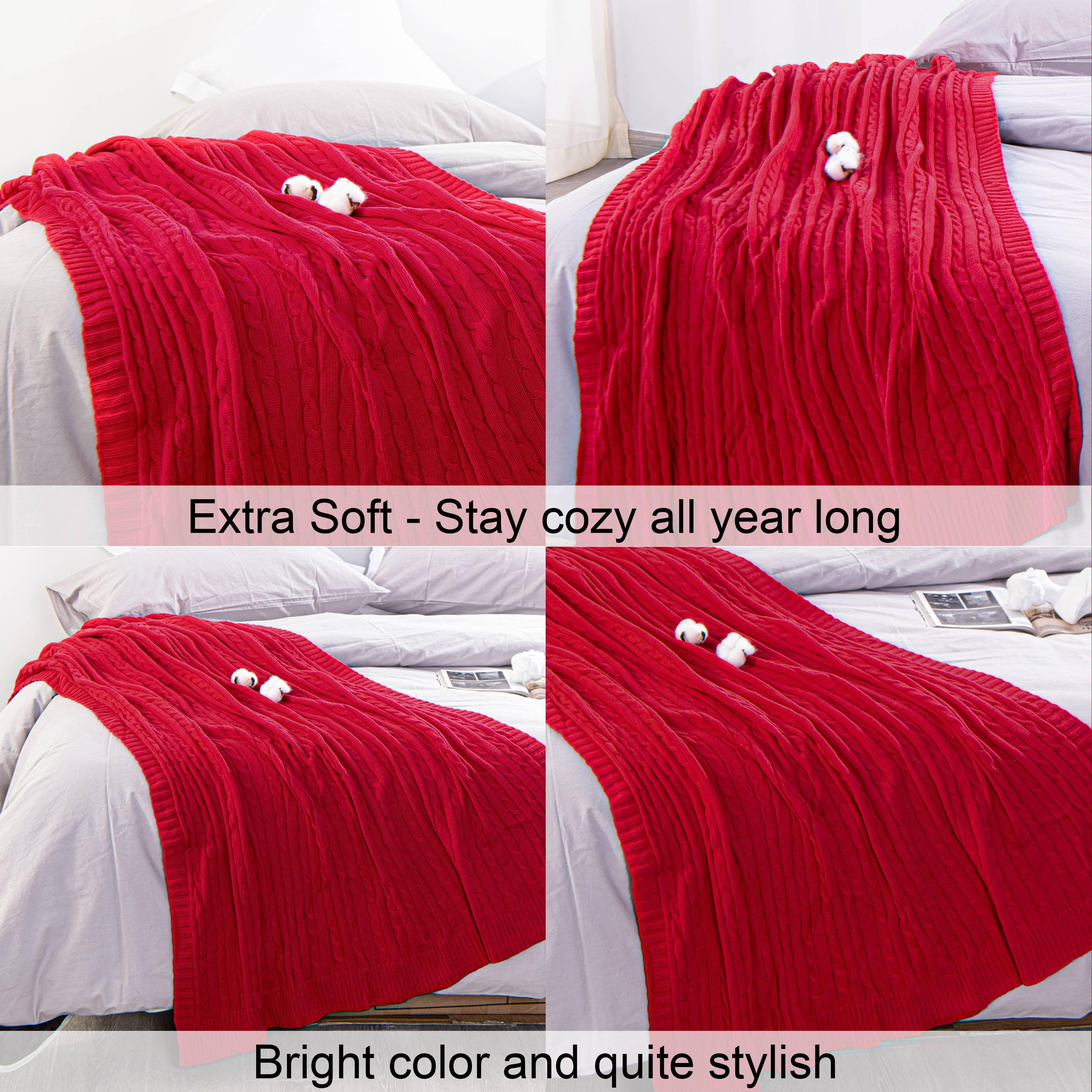 Reversible Sherpa 100% Cotton Cable Knit Throw, Super Soft Warm Knitted Blanket Home Decor, 51"x67", Red - Super Soft Reversible Sherpa Flannel Blanket Detail