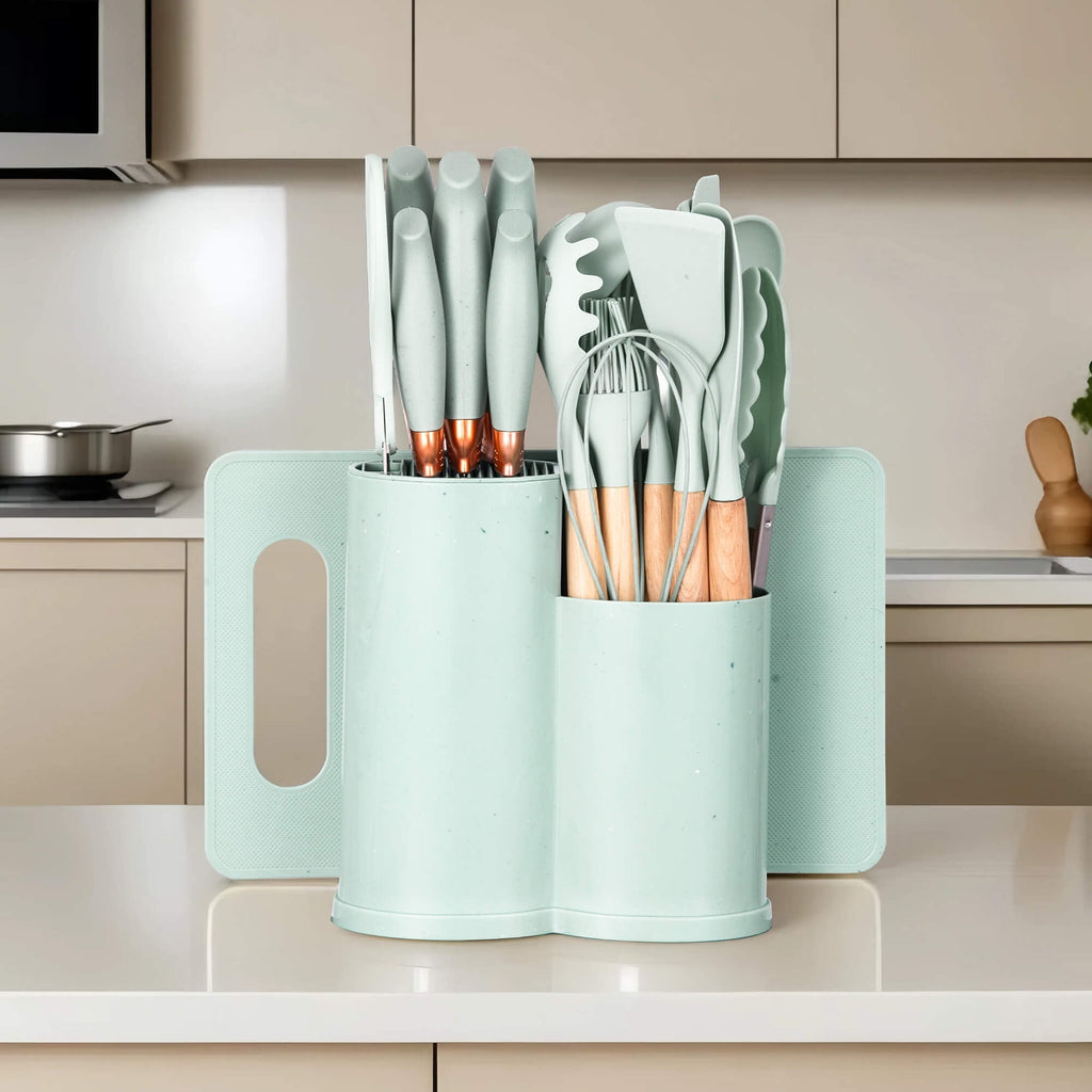 Ergonomic Cooking 19pcs Silicone Kitchen Utensil Set, Heat-Resistant Non-Stick Easy Cooking Cleaning Home Light-Green - Ergonomic Kitchen Tongs and Cooking Spoon Utensil Detail