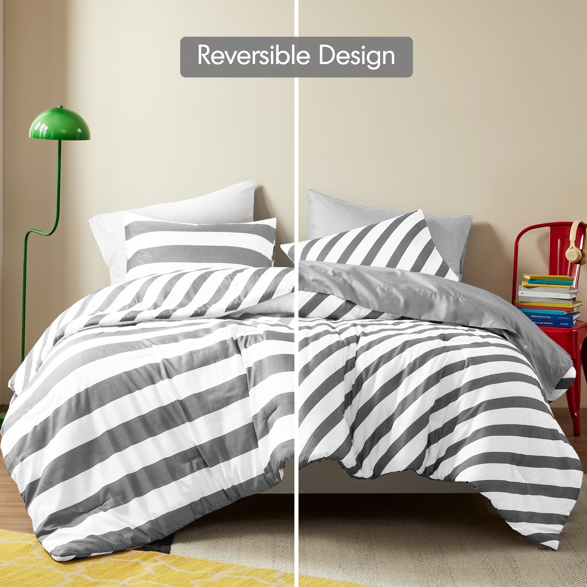 Hypoallergenic Cloud Full/Queen Size Comforter Sets, 3-Piece Bedding Set Full/Queen, Reversible Striped Comforter Bed Set, Charcoal - Hypoallergenic Ultra-Fluffy Quilt for Winter Detail