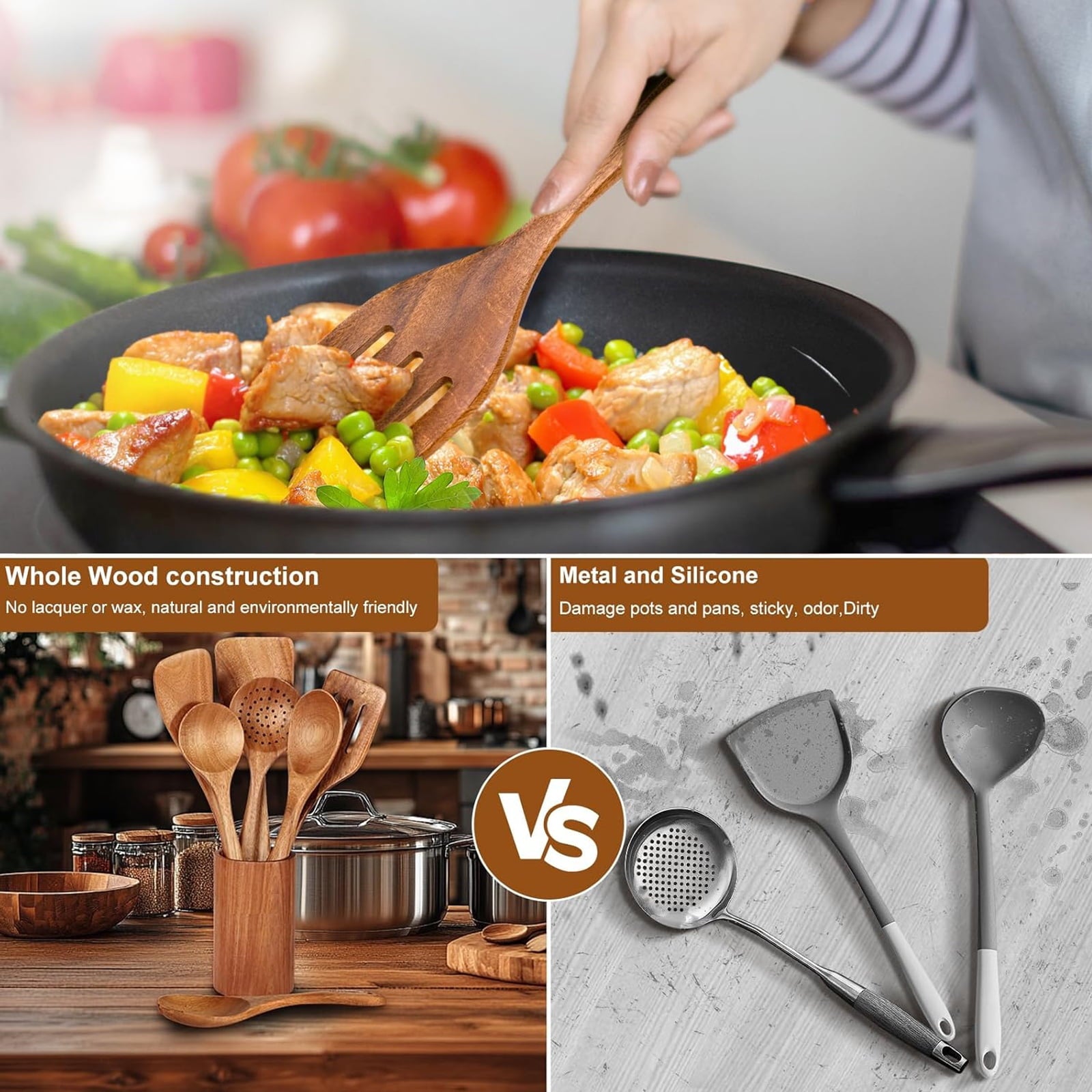 Non-Stick Safe Wooden Spoons for Cooking, 8 Pcs Natural Teak Wooden Utensils Set, Non-Stick & Heat Resistant Durable Wood ... - Premium Stainless Steel Cooking Utensil for Non-Stick Pots Detail