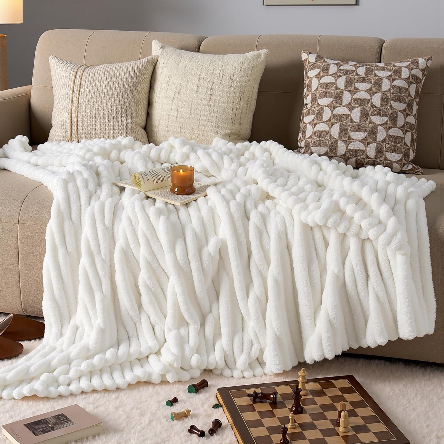 Reversible Sherpa Throw Blanket for Couch,Bed,Sofa,White Flannel Blanket,Soft Throw Blanket ,Gifts for Women Mom Girls,Throw Home Room ... - Luxury Knitted Decorative Throw Blanket with Fringes Detail